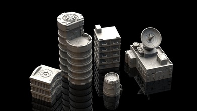 wargaming terrain - 5 3d printable buildings hollowed building city cityscape tank fueltank officebuilding office 3dprintable boardgame battletech games toys game accessories 3d print model - Mito3D