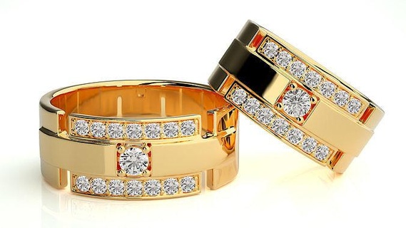 mariage bande terminé oba bijoux bague or imprimable brillant anneaux diamant engagement luxe solitaire platine précieux couple 3d print model - Mito3D
