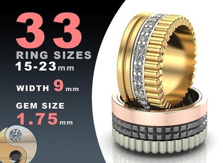 wedding ring boucheron style 3 rows 9 mm wide rings jewelry gold silver jewel printable jewellery fashion prototyping pack set package design print collection 3d print model - Mito3D
