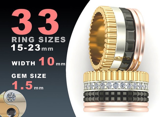 wedding ring boucheron style 4 rows 10 mm wide rings jewelry gold silver jewel printable jewellery fashion prototyping pack set package design print collection 3d print model - Mito3D