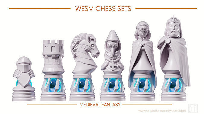 wesm xadrez medieval pacote luxo 3d impressão modelo rainha bispo rei cavalo cavaleiro torre penhor silencioso imprimível jogos brinquedos borda 3D print model - Mito3D