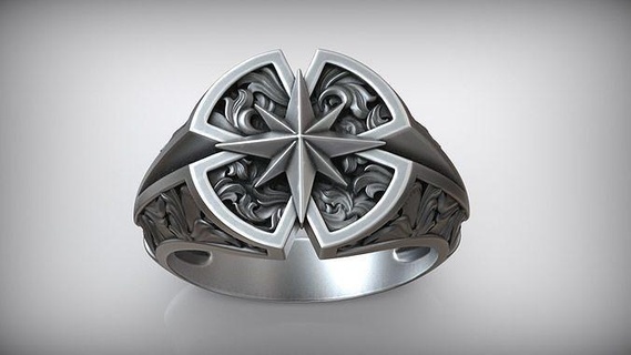 windrose star compass traveler pattern signet wind rose nortg floral pirate sea silver ring men printable j3ds nature ship jewelry making rings 3d print model - Mito3D