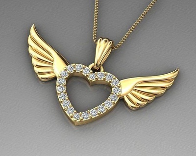 wing heart pendant diamond winged angel bird love jewelry flight flying minimal printable silver us army feather gold light jewellery necklace valentine pendants 3d print model - Mito3D