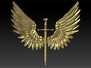wings sword badge art jewelry 3d model shining shape bright bladed weapon feather gold silver coins badges 3d print model - Mito3D