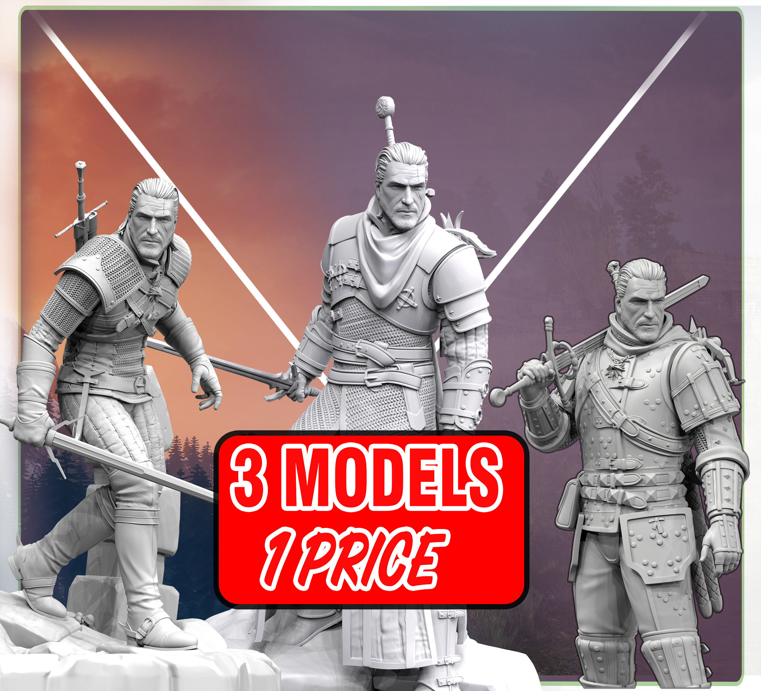 witcher selvaggio caccia geralt cavaliere miniature statua figurine uomo rivia cacciatore mostro stampabile armatura sculture ciri bearschool catschool giochi giocattoli gioco accessori 3D print model - Mito3D