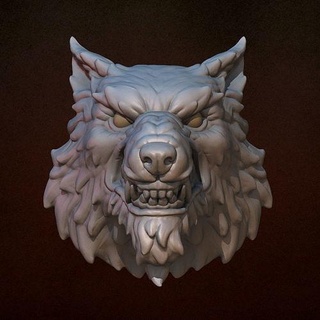 wolf head fantasy stylized animal miniatures printing character werewolf dog alpha game of thrones stark medallion styled evil grin print art sculptures 3d print model - Mito3D