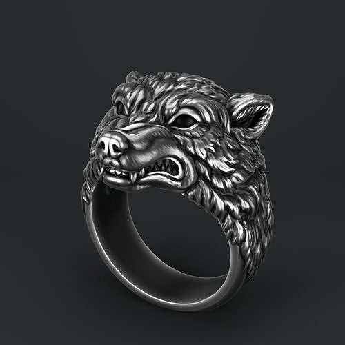 Wolf Kopf Ring Schmuck Anhänger Silber Juwel Ringe Tier Kunst 3D print model - Mito3D