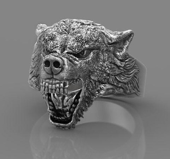 Wolf Kopf Ring druckbar Silber Ringe Juwel Schmuck Juwelier Köpfe Rottweiler heiser Dalmatiner Hund 3d print model - Mito3D