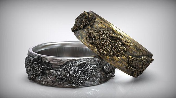 Wolf Kopf Ring wild Natur Hochzeit Band Wölfe Tier Silber Werwolf Arktis druckbar Bronze oxidiert Schmuck Ringe 3d print model - Mito3D