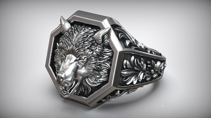 wolf head signet pattern men ring grey floral beast hunter animal american arctic silver oxidized cleft palate northern wolves jewelry rings 3D print model - Mito3D