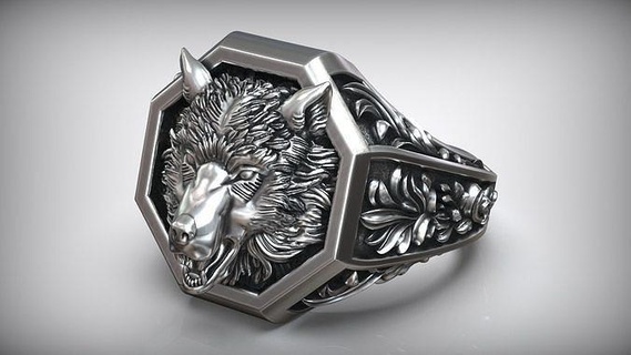 wolf head signet pattern men ring grey floral beast hunter animal american arctic silver oxidized cleft palate northern wolves jewelry rings 3d print model - Mito3D