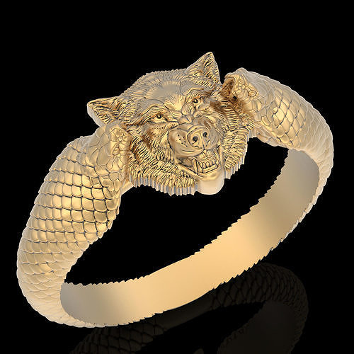 Wolf Schlange Ring Gold druckbar Schmuck 3d Modell Silber Mode Juwel Design Hochzeit Statue Skulptur zbrush Sterling werwolf Ringe 3D print model - Mito3D