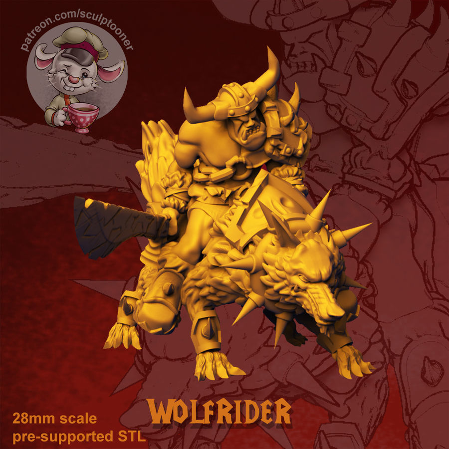 wolfrider - 28 mm miniature fantasy orc scale warcraft boardgame wargame horde 28mm art fan patreon warrior barbarian miniatures figurines wolf mount games toys board 3D print model - Mito3D