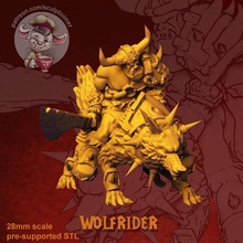 wolfrider - 28 mm miniature fantasy orc scale miniature warcraft boardgame wargame horde 28mm art fan patreon warrior barbarian miniatures figurines wolf wolfrider mount games toys games toys board board games
