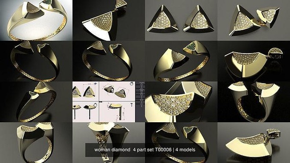 woman diamond 4 part set t00006 jewel gold silver printable fashion ring brilliant jewellery sapphire jewelry bracelate vinta gapparel wedding engagement necklace charm evil earrings bracelets 3d print model - Mito3D