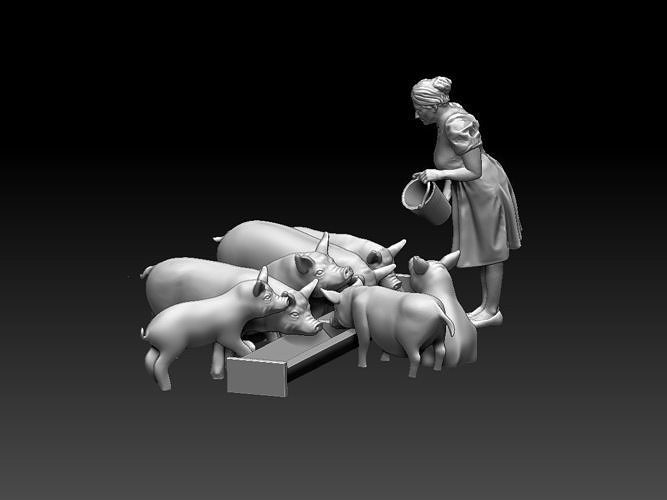 frau schweine drucken tier bauernhof dorf farmer vieh schwein miniatur diorama melkerin arbeiter kunst skulpturen scheunenhof 3D print model - Mito3D