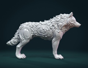 maravilloso lobo carnivora mamífero abeto canino bestia estatua figurilla miniatura escultura barroco florido pergaminos decoración arte esculturas 3d print model - Mito3D
