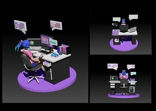 work 3d model social table office internet freelancer job notebook character covid 19 network girl woman laptop online house 3d print model - Mito3D