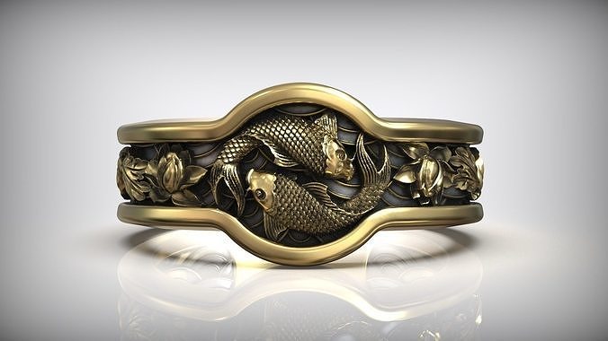 yin yang carp koi fish japanese ornament ring chinese japan samurai sea river traditional pattern ocean lily lotus water j3ds flower jewelry rings 3D print model - Mito3D