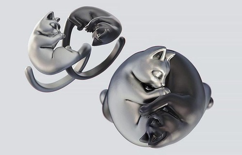 yin yang gatos gato gatito animal mascota anillo joyería joya oro plata felino escultura imprimible patas lindo ying amor abrazo anillos 3d print model - Mito3D