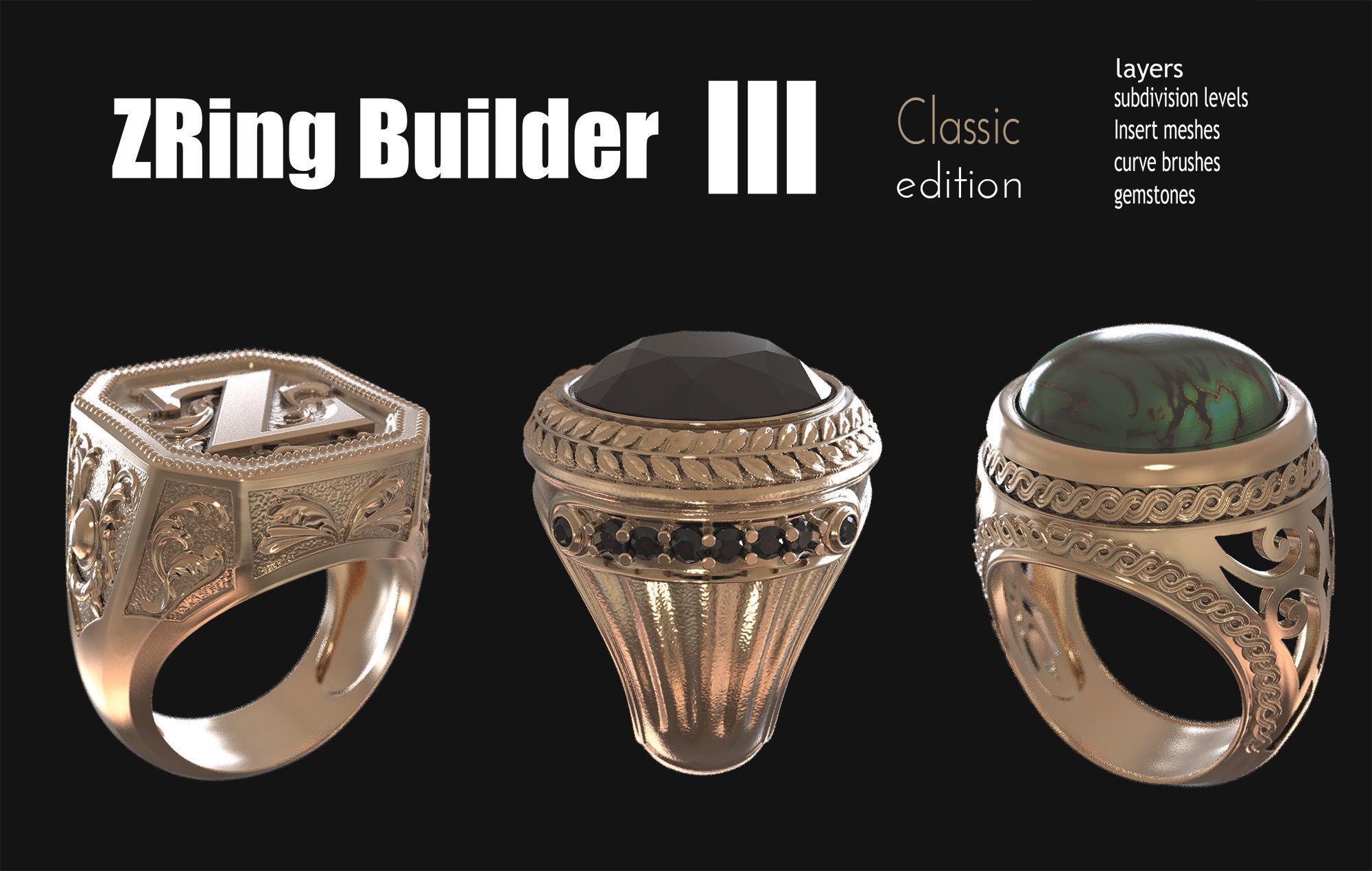 zbrush jewelry ring builder 3 classic edition tool maker plugin script pack gold printable diamond sterling silver zbuilder rings scripts plugins modelling 3D print model - Mito3D