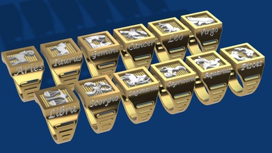 zodíaco conjunto completo de 12 anel jóias anéis homem womand ouro prata touro o leo libra escorpião gêmeos signo peixes a arte impressora 3d modelo 3d print model - Mito3D