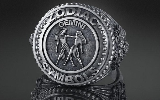 zodíaco anillo Geminis a01 skul horóscopo joyería joya impresión 3dprinted anillos diseño imprimible prototipos plata motociclista ennegrecimiento textura 3d print model - Mito3D