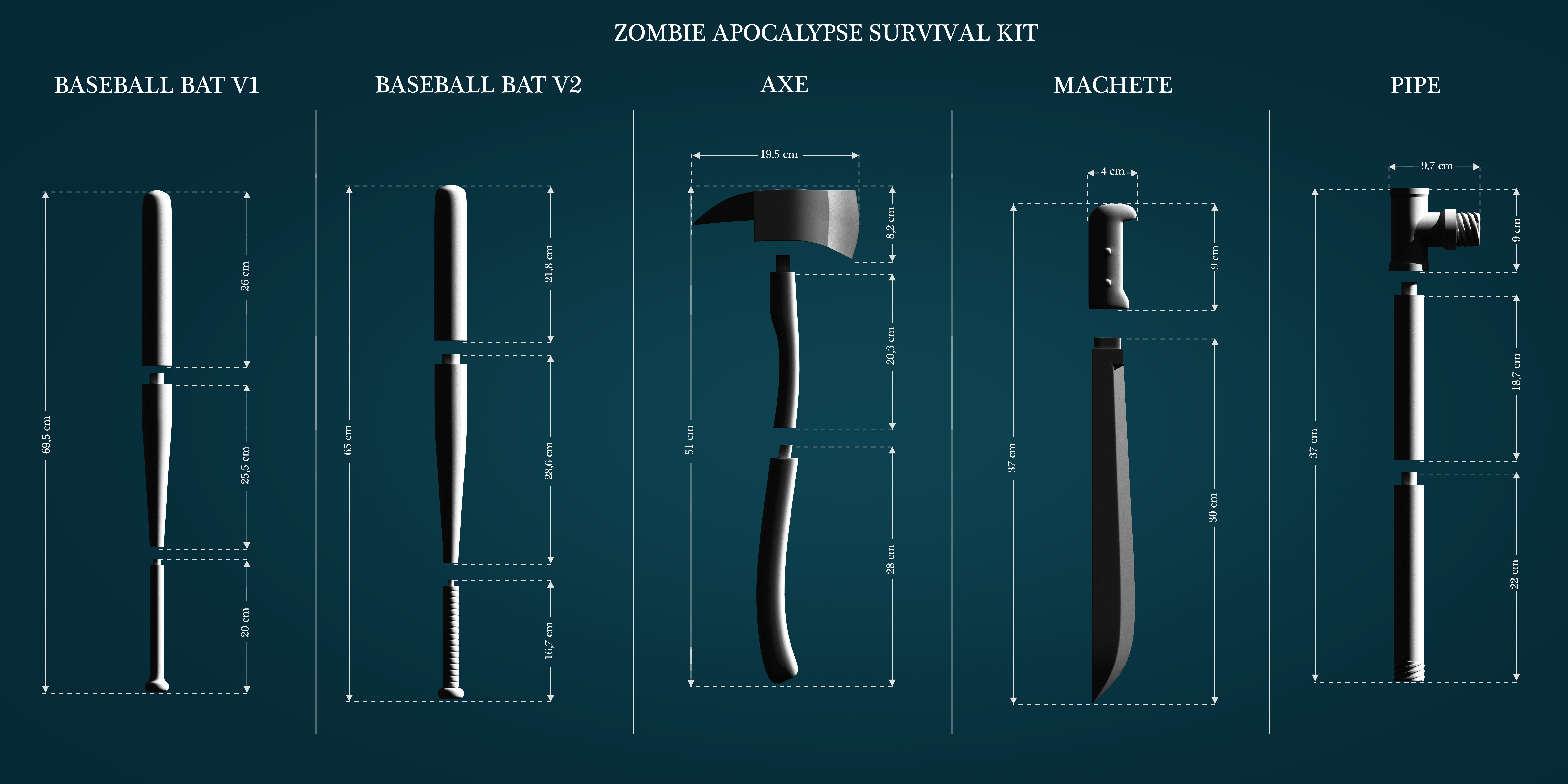 zombie apocalypse survival kit melee weapons lowpoly highpoly meele dead horror 3dprint cosplay meeleweapon zombieapocalypse survivalkit games toys 3D print model - Mito3D