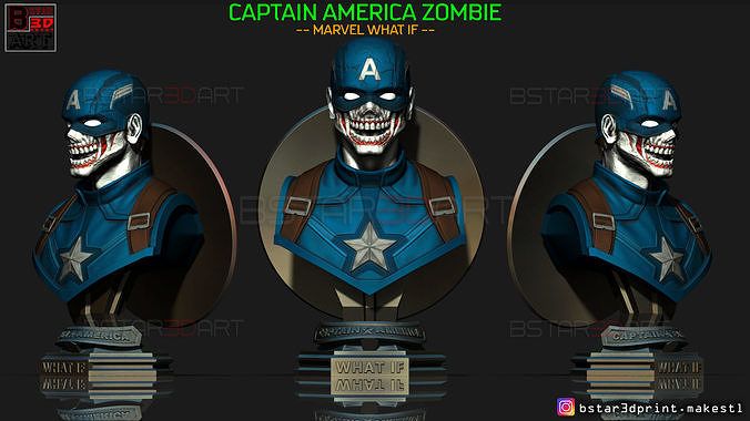 zombie captain america bust - marvel comics ironman figure 2021 toys iron man art sculptures 3D print model - Mito3D