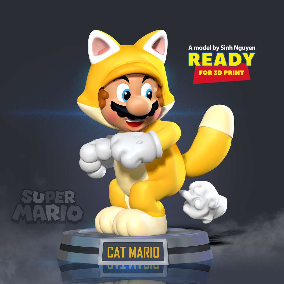 co3d gato mario súper super mario anime manga juego personaje videojuego 3dprint estatua figura 3dprinting lindo gatito 3D print model - Mito3D