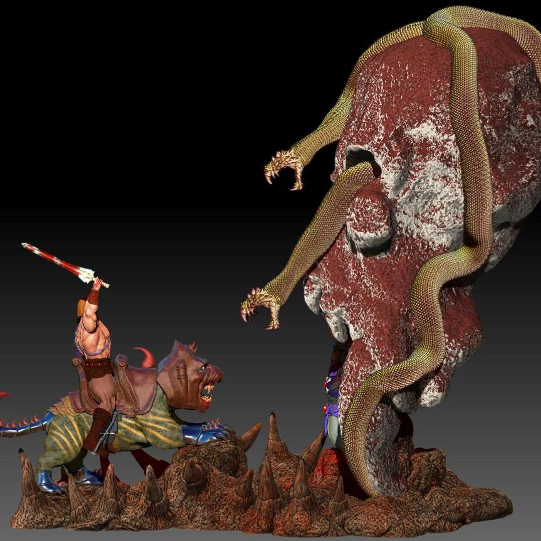 diorama he man diable heman squelette chat bataille gato guerreiro éternie crâne gris serpente cobra base 3D print model - Mito3D