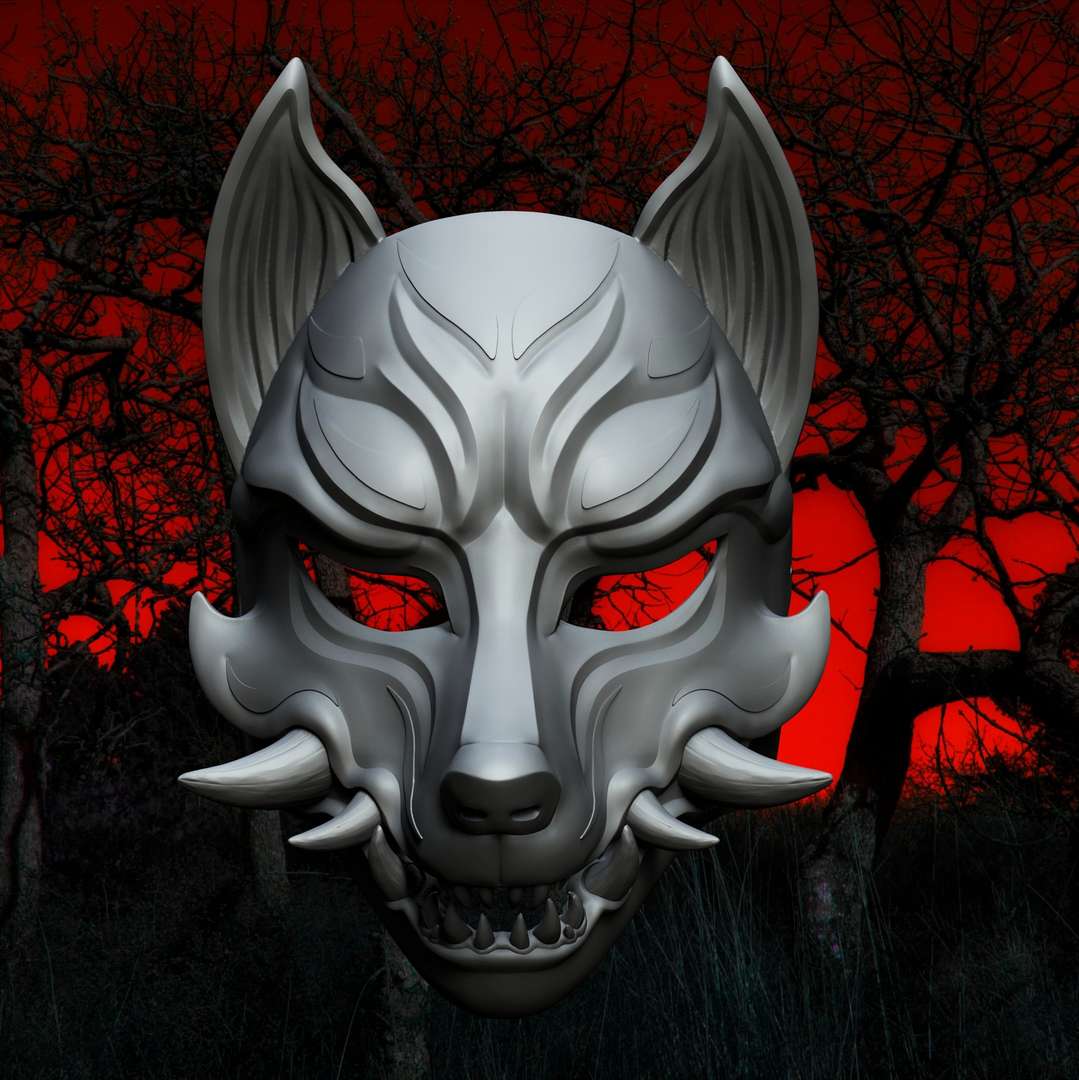 co3d kitsune maske reißzähne anime 3d drucken modell asiatisch manga cosplay halloween hannya oni samurai mempo bushido kabuki kabuto 3D print model - Mito3D