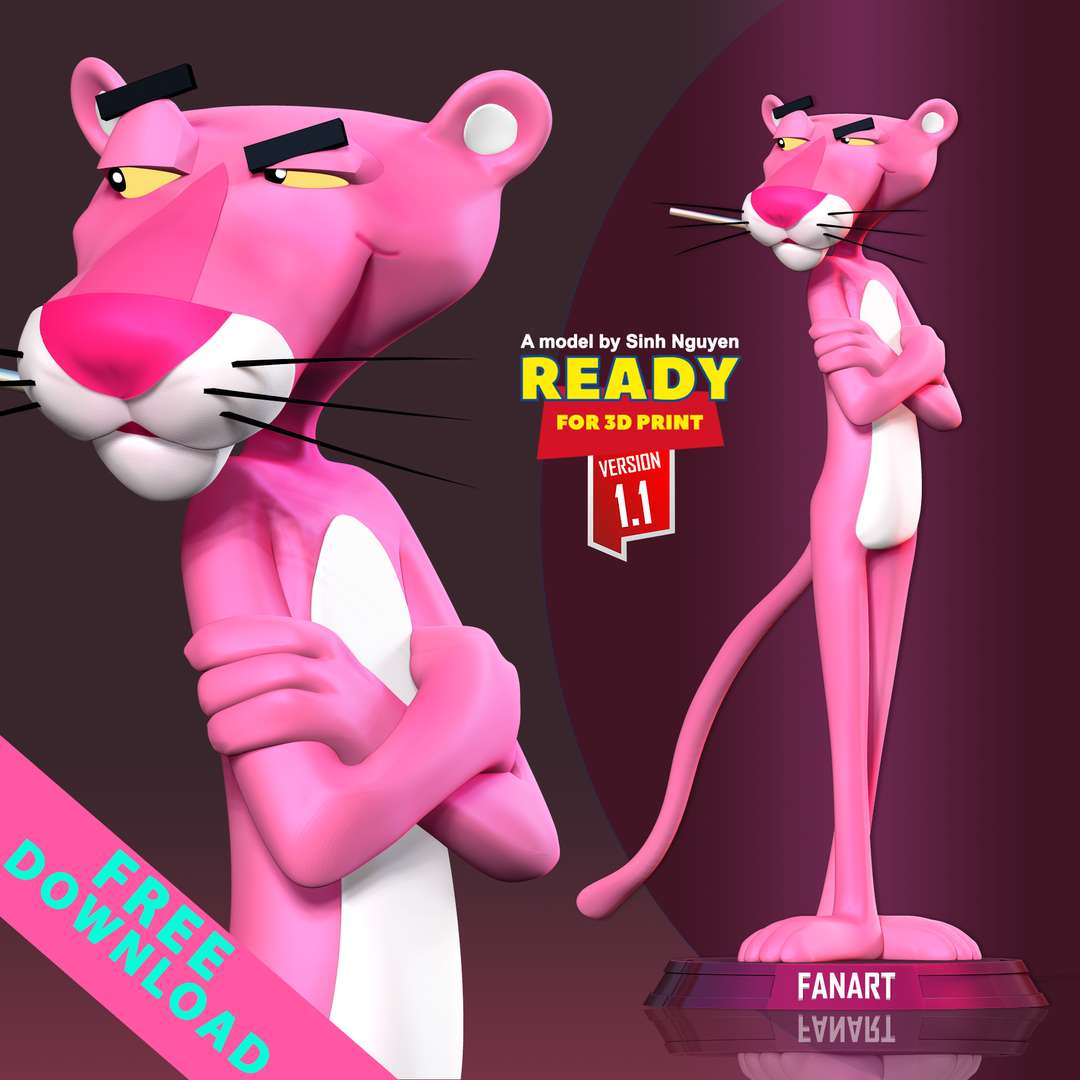 rosado pantera 3d modelo dibujos animados gracioso lindo animal 3dprint estatua figura 3dprinting 3D print model - Mito3D