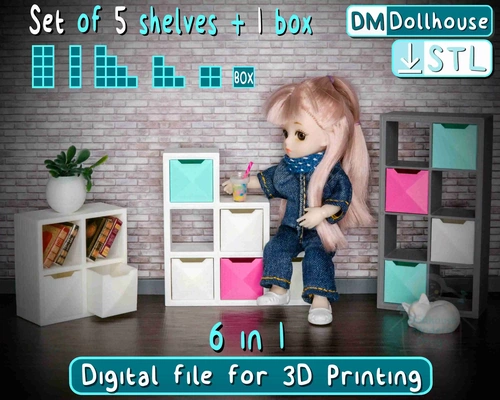 1 12 scale modern miniature shelf unit set of 5 + box 3d models download creality cloud dolls & accessories 3d print model - Mito3D