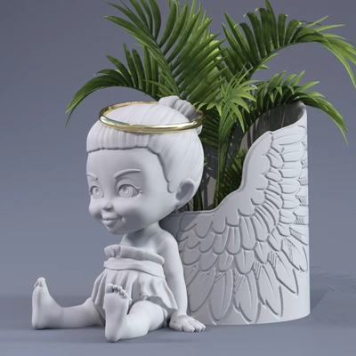 ángel niña flor maceta 3d modelos descargar crealidad nube hogar casa decoración 3d print model - Mito3D