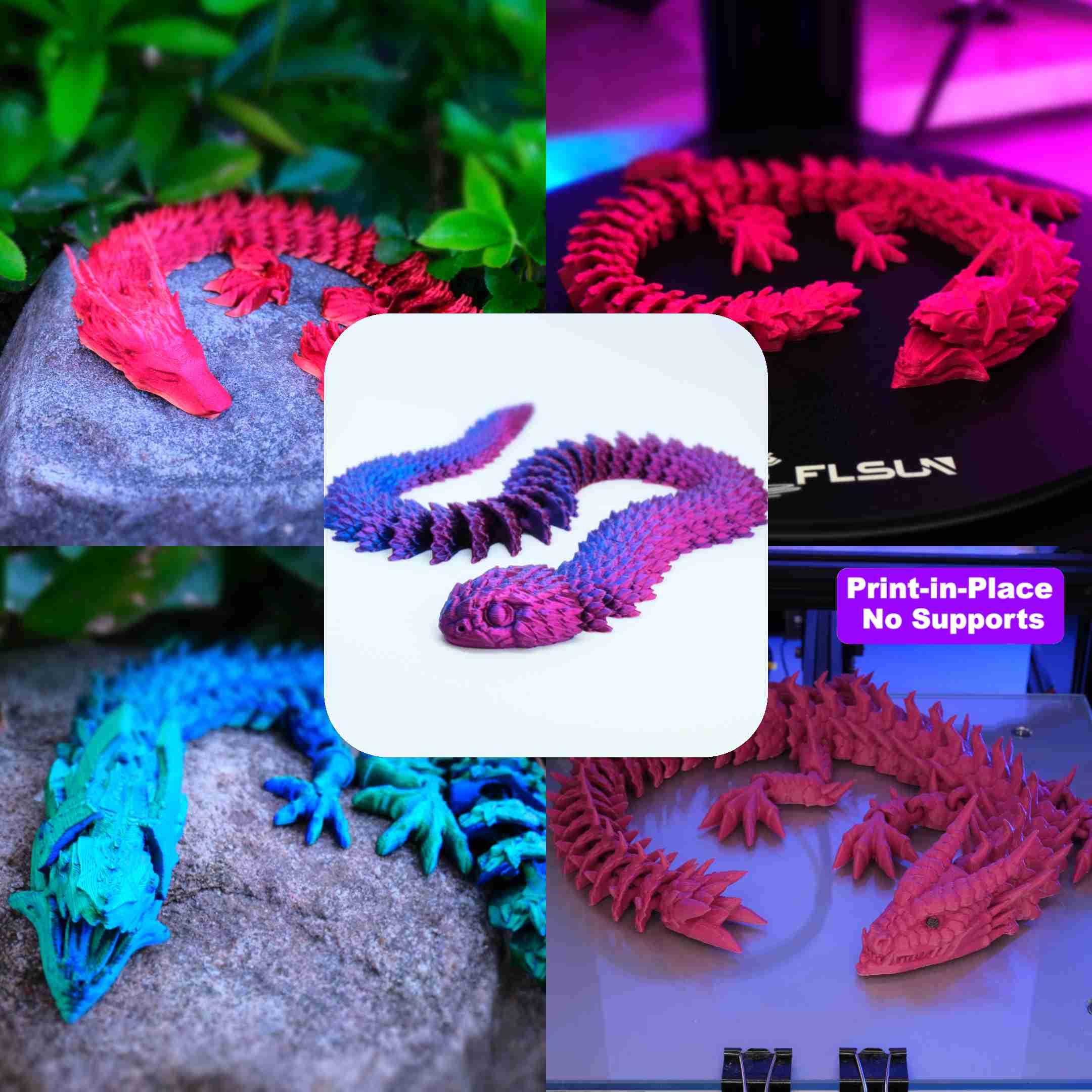 mafsallı ejderhalar Ayarlamak 3 esnek + yılan sürüngen 3D print model - Mito3D