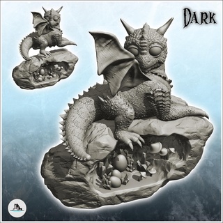 baby winged dragon sitting rock mushrooms - figure Fictional Characters 3d print model - Mito3D