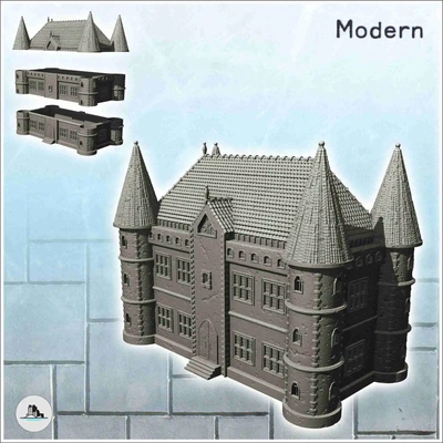 grande moderno castello quadruplicare angolo torri centrale 3d modelli scarica creality nube privato residenza 3d print model - Mito3D
