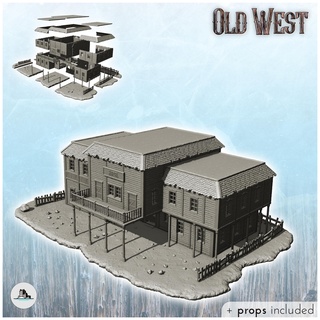 large western hotel central balcony floor + props Historical Buildings 3d print model - Mito3D