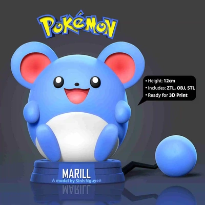marill pokemon fan art 3d modelli scarica creality nube immaginario personaggi 3d print model - Mito3D
