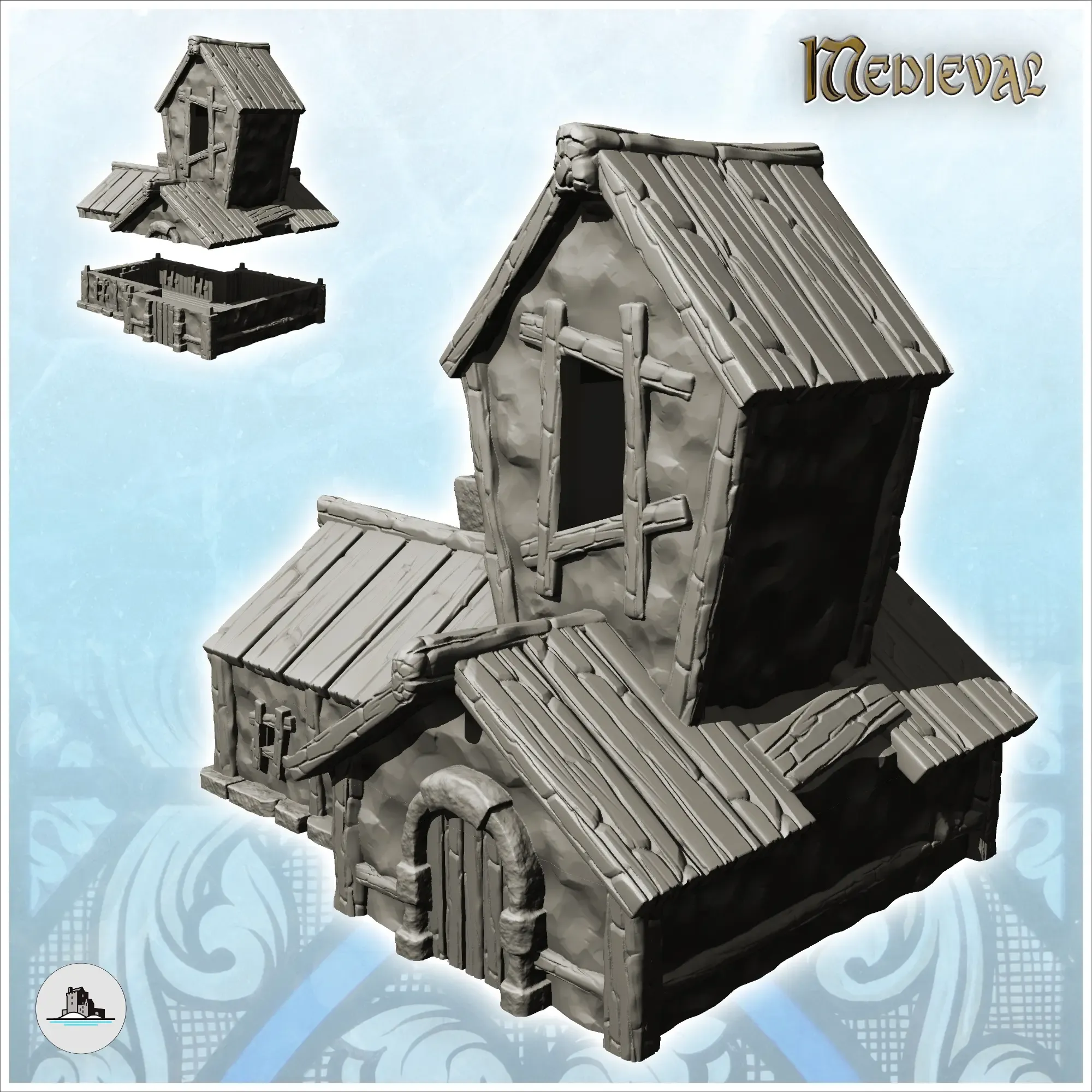 mittelalterlich haus hölzern dach zentral turm fenster 3d modelle download realität wolke 3D print model - Mito3D