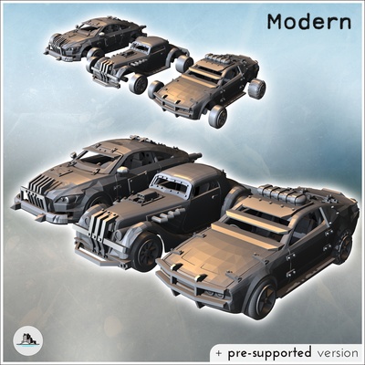 set of three post-apocalyptic cars bumper improvise 3d models download creality cloud architectural 3d print model - Mito3D