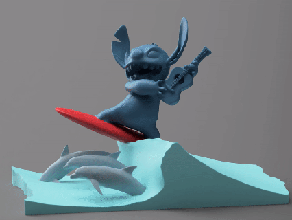 stitch riding wave ukulele & dolphins Fictional Characters 3d print model - Mito3D