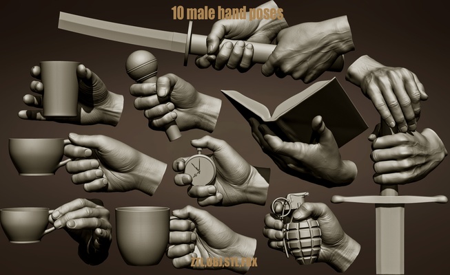 10 male hand poses art anatomy 3d print model - Mito3D