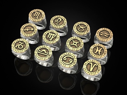 12 zodiak bague pack bijoux impression 3dprinted imprimable anneaux conception bijou d'or or prototypage argent noircissement texture 3d print model - Mito3D