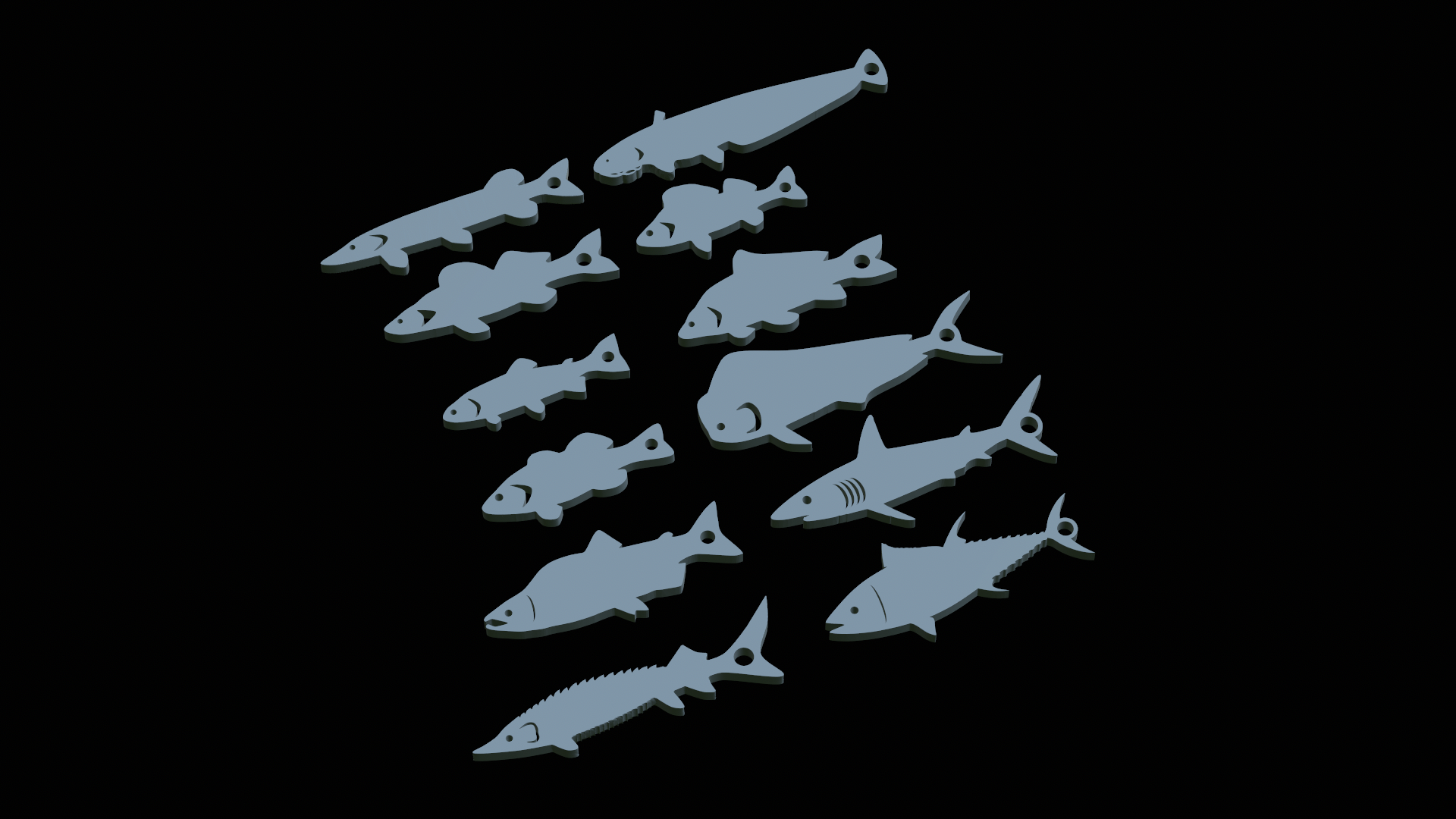 12x einstellen of fisch anhänger schlüsselanhänger thunfisch lachs fischer zander zander barsch tier wels pike bass angeln locken köder karpfen forelle schlüsselbund 3D print model - Mito3D