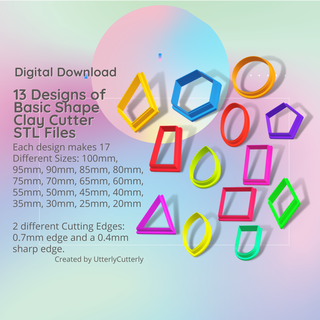 13 designs basic shapes clay cutter - stl digital file download- 17 sizes 2 versions Jewelry earring polymer geometric embossed hexagon utterlycutterly utterly cutterly cookie fondant organic shape indie fashion 3d print model - Mito3D