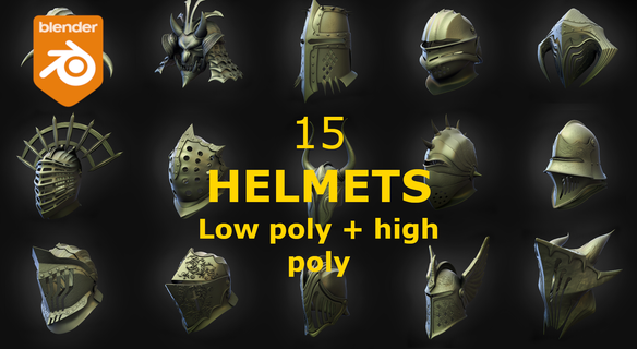 15 helmets poly high armor knight warrior barbarian 3d print model - Mito3D