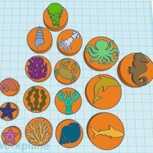 16 stamps clay etc art sea ocean themed collection stamp mold fish shark squid dolphin whale snail shell jellyfish crawfish crab creature seahorse seaweed coral swirl 3d print model - Mito3D