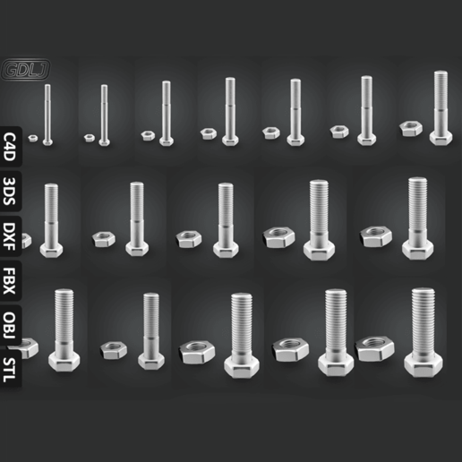 17 boulons écrous outil de outils stl l'acier taille vis tournevis d'impression la broche partie les noix l'écrou des ongles métalliques le contre-écrou verrouillage l'industrie industrielle serrez-les voiture boulon l'accessoire Impression 3d 3D print model - Mito3D